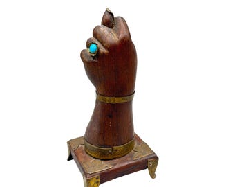 Vintage Carved Wood And Brass Figa Fist Sculpture Standing On Footed Pedestal