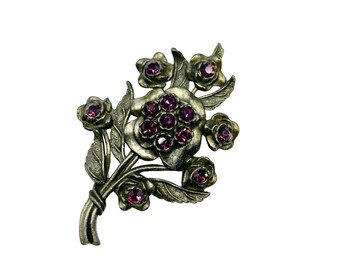 Vintage Little Nemo Pot Metal Flower Bouquet Brooch with Purple Rhinestones