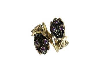 Vintage Cocktail Ring Bypass Floral Design Pink Stone Costume Jewelry Adjustable