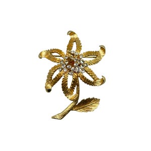 Signed FLORENZA Flower Pin Brooch Gold Tone And Clear Rhinestones Textured Domed