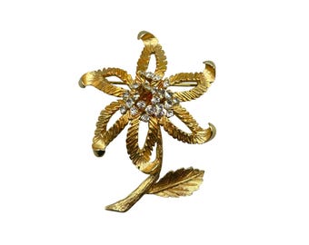 Signed FLORENZA Flower Pin Brooch Gold Tone And Clear Rhinestones Textured Domed