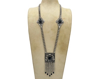 Signed EDLEE Vintage Necklace Silver Tone Dragons Ornate Bookchain Beads Dangles