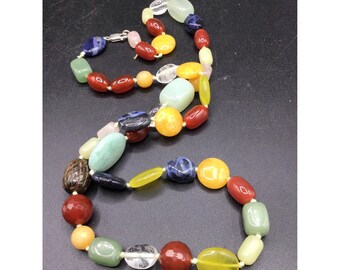 Genuine Semi Precious Stones Necklace Colorful Beads Hand Knotted Jewelry