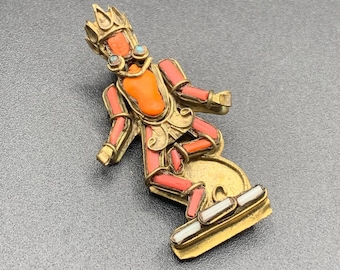Antique Estate Tibetan Nepalese Goddess Asian Dancing Figure Coral Figural Pin Brooch