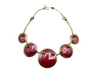 Vintage Brutalist Brass Necklace Red Enamel Hand Crafted Round Geometric Disks