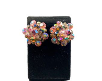 Vintage Pink and Topaz Aurora Borealis Clip Clusters Earrings Gold Tone Setting