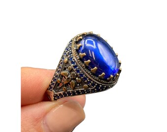 Man Ring Blue Spinel Sterling Silver Large Size 15 Statement Ring Domed Design