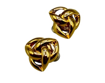 Vintage Clip On Knot Earrings Dimensional Intertwined Gold Tone Chunky Earrings