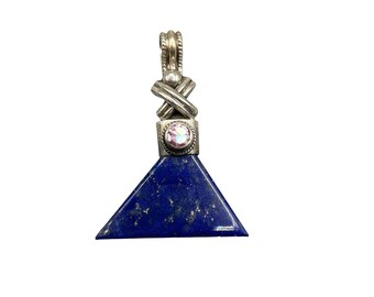 Triangle Blue Lapis Lazuli Sterling Silver Pendant with Pink Glass Stone