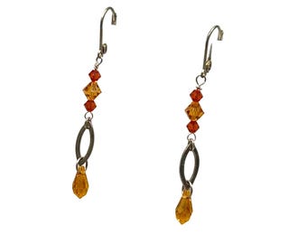 Sterling Silver and Orange Glass Beads Dangles Long Pierced Leverback Closure