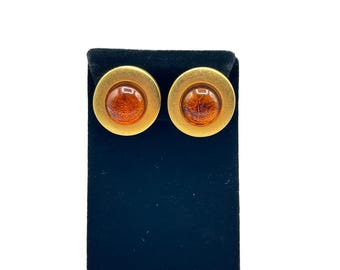 Signed FLP Clip On Earrings Round Gold Tone &  Topaz Glass Cabs Vintage Jewelry