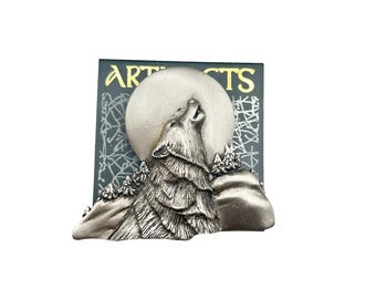 Vintage JJ Silver Pewter Howling Wolf Brooch Pin New Old Stock Jonette Jewelry