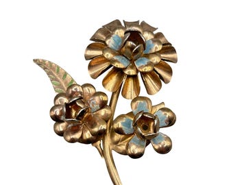 1940s Flower Pin Brooch Large Size Dimensional Flowers With Stem And Leaves
