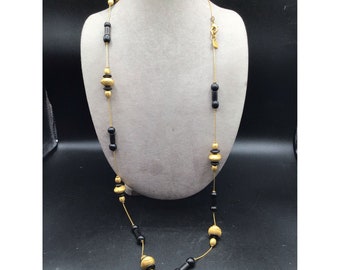 Anne Klein Signed Black & Gold Tone Chain Necklace Vintage 80s 90s AK Jewelry