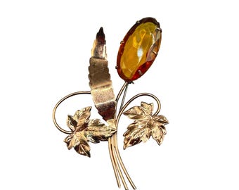Antique Sterling Silver Floral Brooch Gold Vermeil and Topaz Glass Stone AS IS