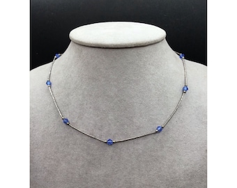 Vintage Tube Beads Necklace Liquid Sterling Silver Stationed Blue Crystal Beads