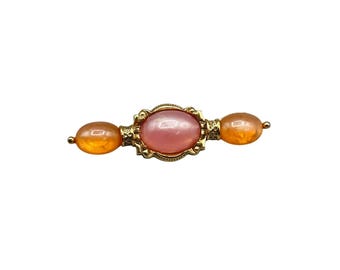 Vintage 1928 Brand Pin Brooch Bar Pin Pink Orange Cabochons And Gold Tone