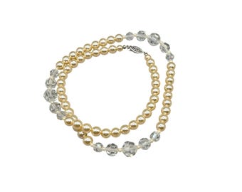 Vintage Glass Pearl & Crystal Necklace Classic Elegant Simple Beaded Necklace