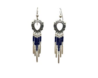 Vintage Native American Earrings Pierced Dangles Drops Blue Lapis Lazuli Beaded Tribal