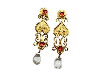Vintage Gold Tone Earring Dangles Drops Red Clear Glass Stones Ornate Design