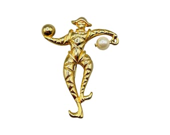 Juggler Harlequin Pin Brooch 80s Figural Pin Brooch Gold Tone And Faux Pearls