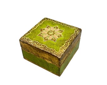 Vintage Florentine Trinket Jewelry Box Made In Italy Gold And Green Small Square