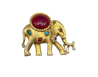 Jeweled Elephant Brooch Unsigned KJL Gold Tone Colorful Cabochon Dangling Pearls