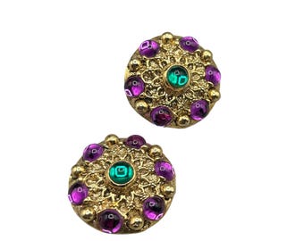 Vintage Jeweled Clip On Earrings Green and Purple Cabochons Round Domed Clips