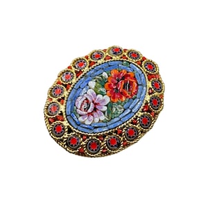 Italian Mosaic Pin Brooch Red and Blue Colors Roses Flowers Design Oval Shaped