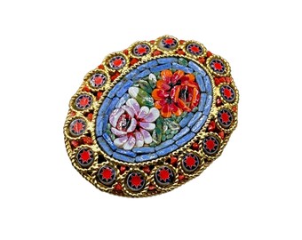 Italian Mosaic Pin Brooch Red and Blue Colors Roses Flowers Design Oval Shaped