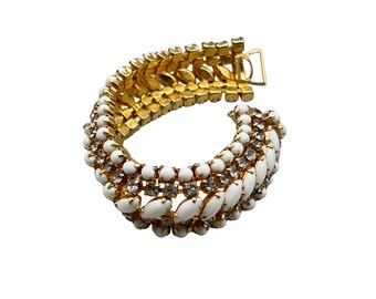 Vintage Milk White Rhinestone Bracelet Gold Tone Wide Dome Prong Set Rhinestones