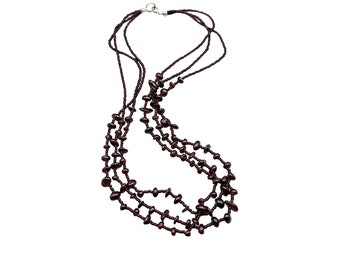 Beaded Garnets Necklace Triple Strand Glass Genuine Semi Precious Stone Jewelry