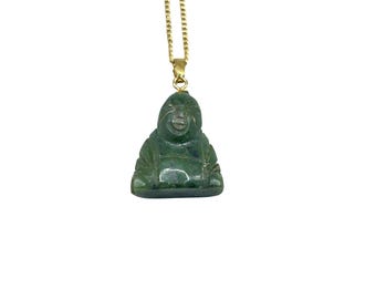 Laughing Buddha Pendant Necklace Carved Jade With Gold Tone Chain