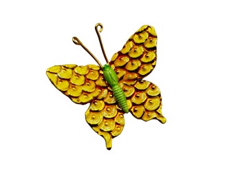 Vintage Yellow Butterfly Pin Brooch Enamel Over Gold Tone Green and Yellow Pin