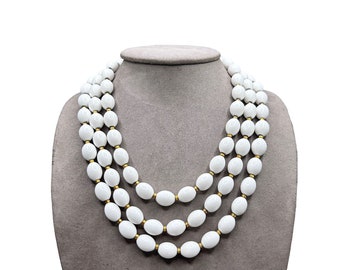 Vintage MONET Triple Strand Necklace White Plastic Oval Beads Strung On Chain