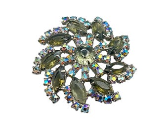 Vintage Rhinestones Brooch Round Flower Smokey Aurora Borealis Prong Set Glass Stones