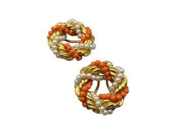 Vintage Clip On Earrings Gold Tone Wreaths Twisted Rope With Faux Coral And Pearls Beads