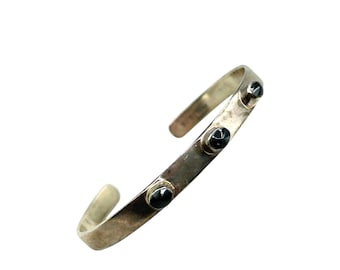 Sterling Silver Cuff Bracelet With Black Onyx Stones Bezel Set Signed MM 34 Mexico 925