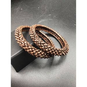 Signed Pair of Copper Tone Textured Bangles Vintage Woven Style Twin Bracelets