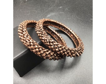 Signed Pair of Copper Tone Textured Bangles Vintage Woven Style Twin Bracelets