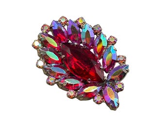 Vintage Signed Garne Brooch Red Aurora Borealis Rhinestones Pin Costume Jewelry