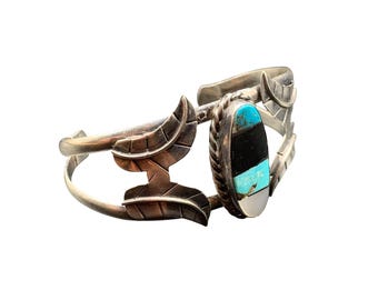 Sterling silver Turquoise Onyx MOP Inlay cuff bracelet Handmade Mexico 925