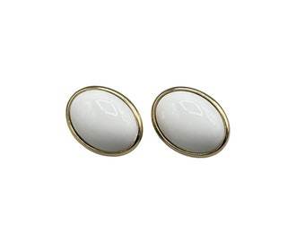 Vintage Signed Trifari Earrings White Cabochons Pierced Gold Tone 80s Jewelry