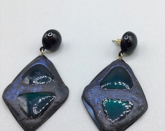 Dark Funky 80s 90s Earrings Large Dangles Pierced Enamel Poured Resin Geometric