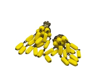 Yellow Glass Clip On earrings Beaded Clusters Vintage Older Clips