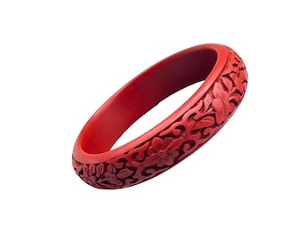 Vintage Cinnabar Hand Carved Flowers Floral Bangle Bracelet Red Oriental Jewelry