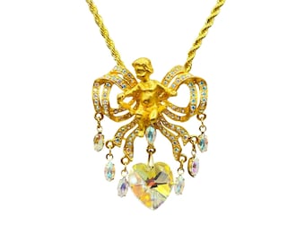 Vintage Kirks Folly Cherub Enhancer Pendant Necklace Angel Crystals Gold Tone