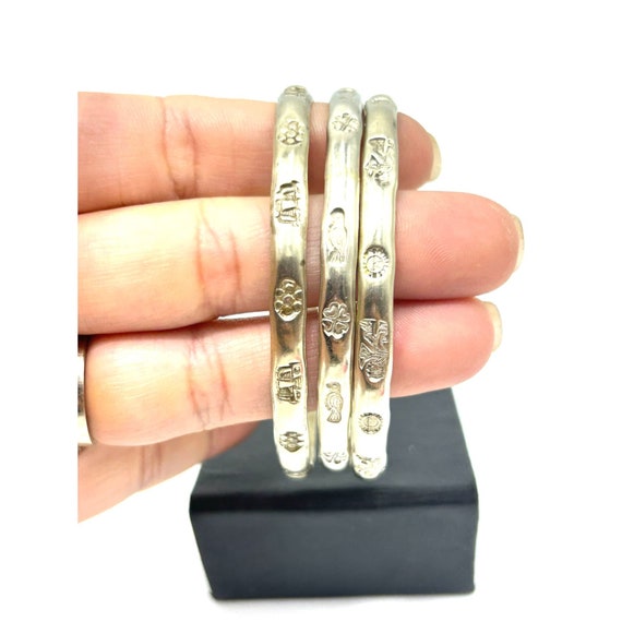 Mexican Bracelets Set of 3 Bangles Silver Tone St… - image 5