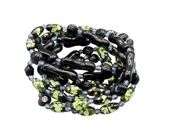 Vintage Venetian Glass Foil Bead Necklace Lime Green And Black Long Single Strand