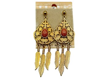 Vintage New Old Stock Pierced Dangles Earrings Gold Feathers and Gold Tone